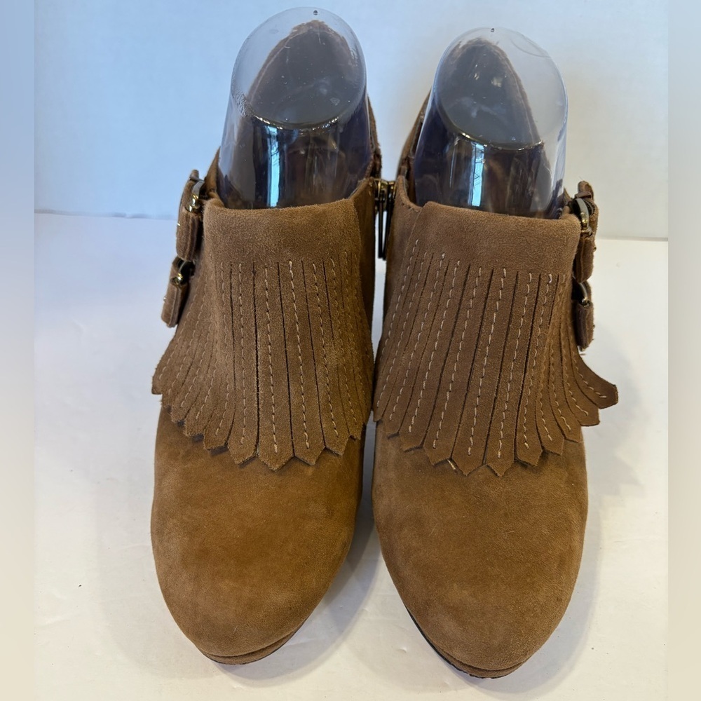 Anne Klein brown suede fringe buckle stiletto heel boots size 9M